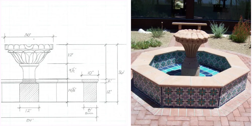 Decorative courtyard tile fountain in Tucson garden