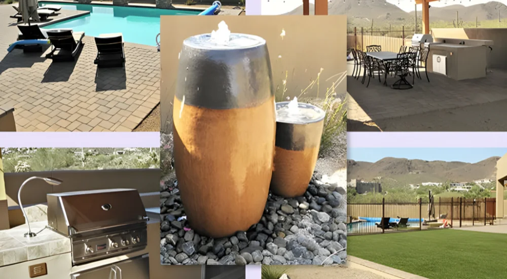 Modern Water Fountains In Tucson Backyard Landscape