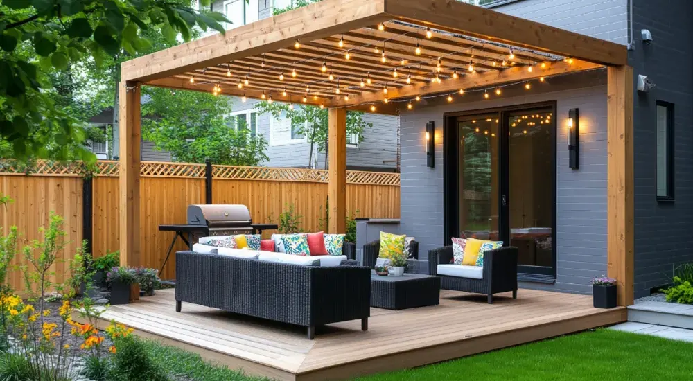 Backyard pergola with string lights and outdoor seating Backyard pergola with string lights and outdoor seating