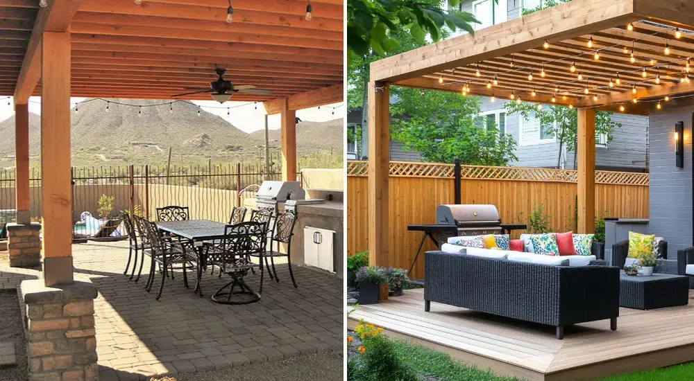Side-by-side of a covered patio and a backyard pergola with seating and lights