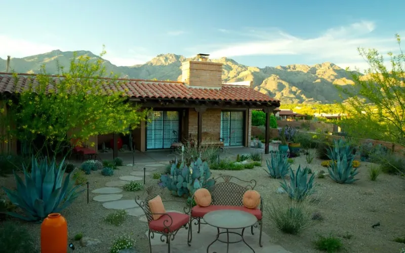 Courtyard With Desert Plants And Tucson Mountain Backdrop Courtyard With Desert Plants And Tucson Mountain Backdrop