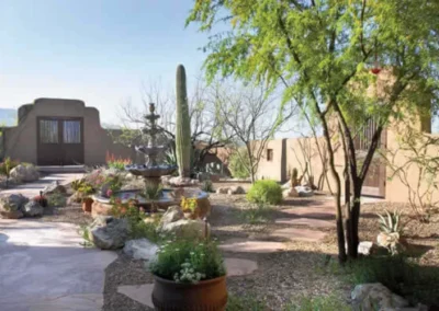 Desert Courtyard Fountain Cactus Surrounded By Adobe Home Landscape Design