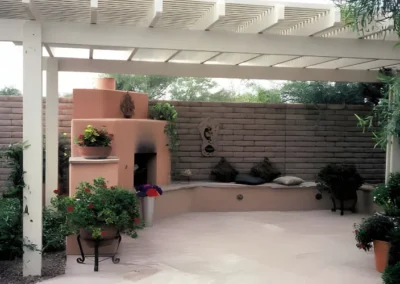 Allumawood shade ramada over flagstone patio with fireplace | 2002 ALCA Judges Award