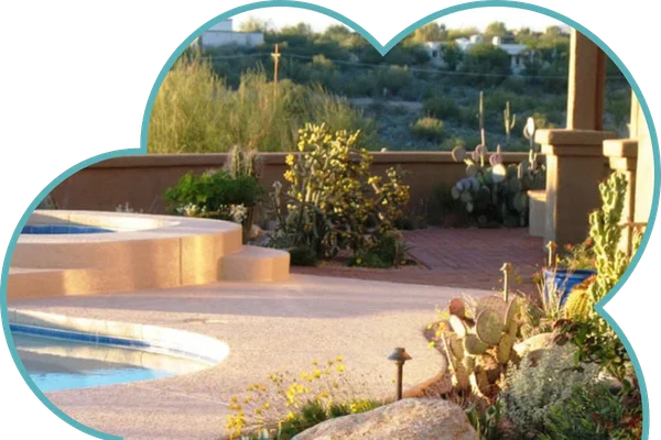 Desert landscape upgrades poolside planting and hardscape Tucson