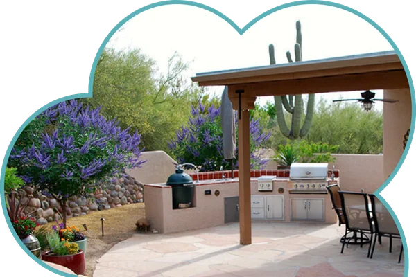 Outdoor living space design pergola patio seating Tucson Arizona