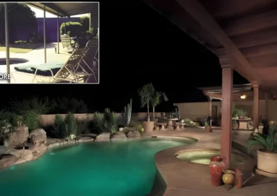 Renovated outdoor living area with new porch roof and colored stamped concrete patio/pool deck | 2007 APLD Gold Award