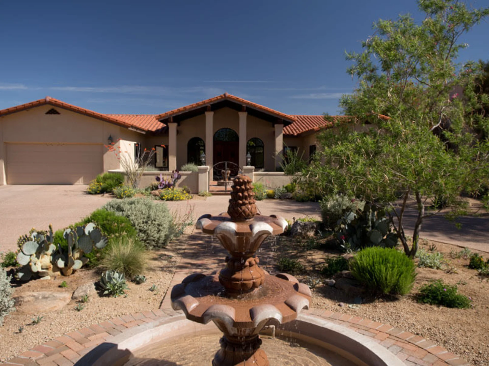 Desert-style backyard with tiered stone fountain and drought-tolerant plants