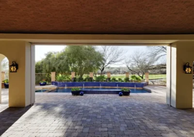Covered Patio View Blue Tile Wall