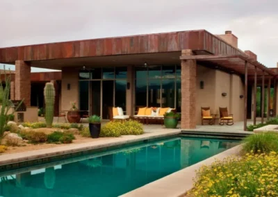 Modern desert home architecture featuring a turquoise pool, patio furniture, and cacti in a southwestern landscape