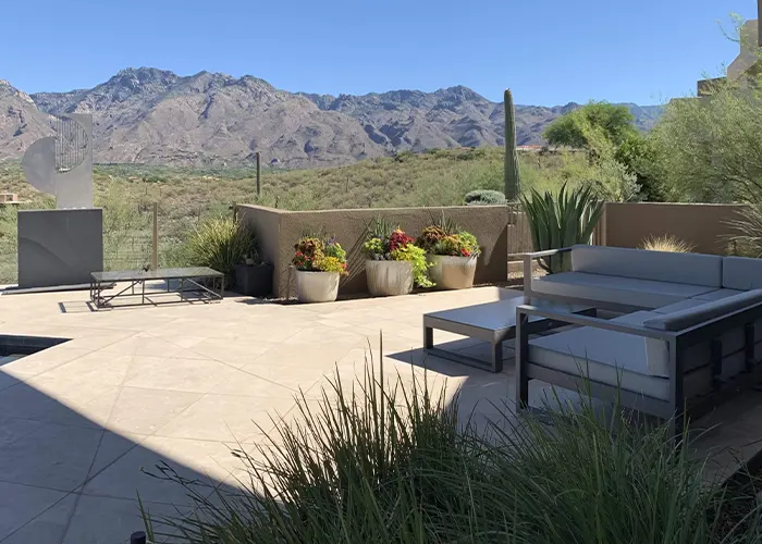 Modern desert patio with mountain view