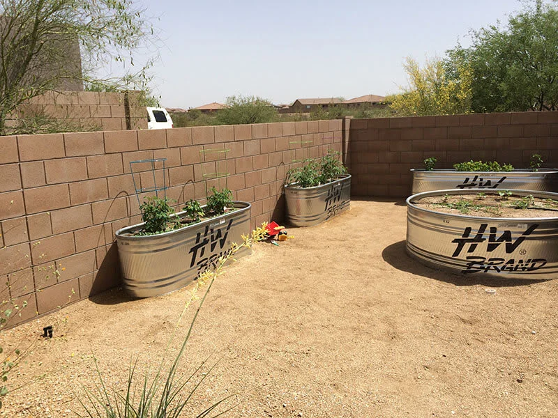 Cluster of raised garden beds in backyard desert landscape Tucson Cluster of raised garden beds in backyard desert landscape Tucson