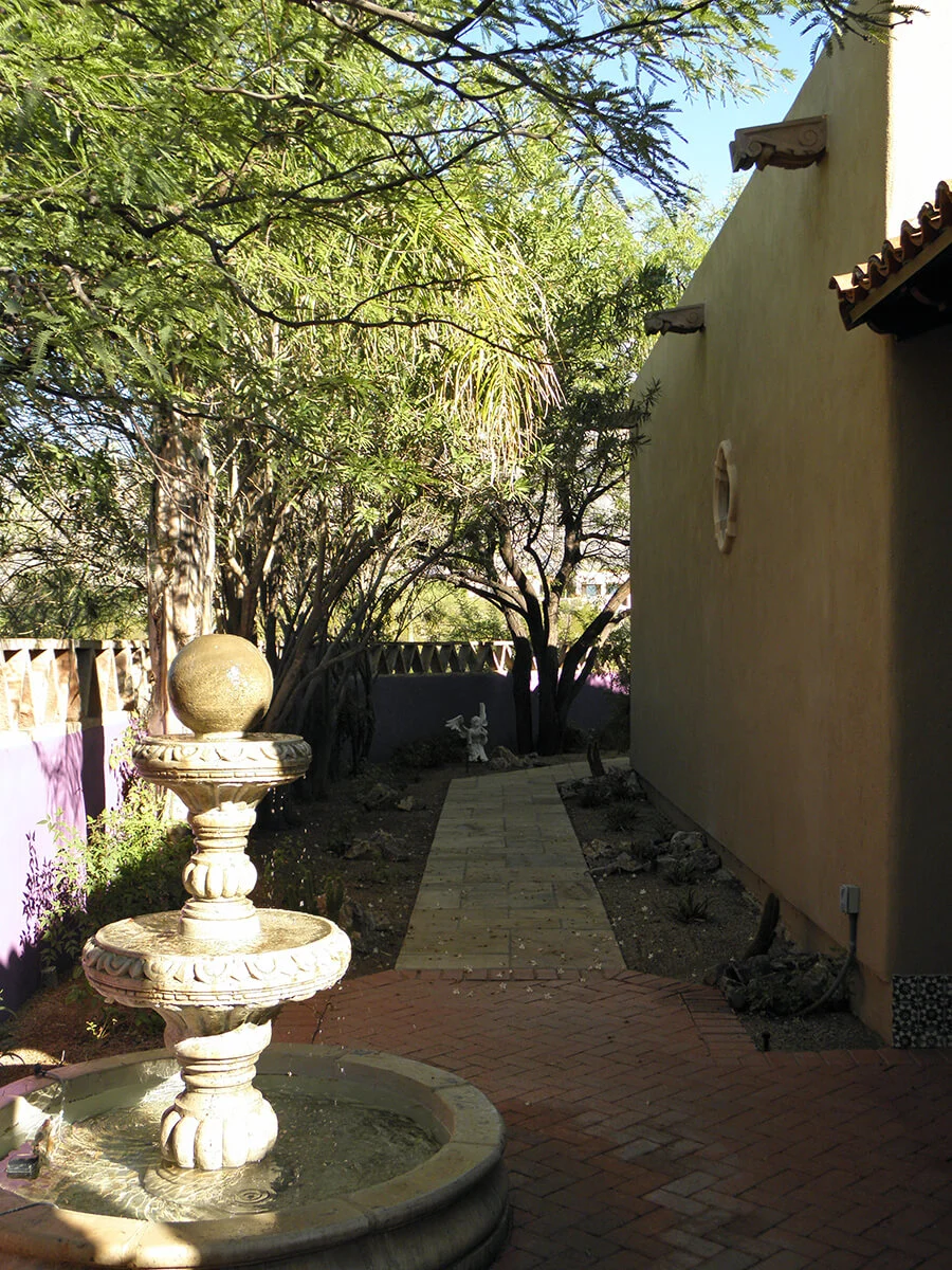 Desert landscape walkway with irrigation system Tucson Arizona