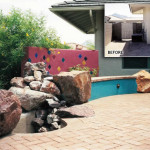 Brick patio with waterfall and seatwalls