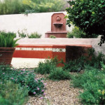 Seatwall and planter wall with wall fountain